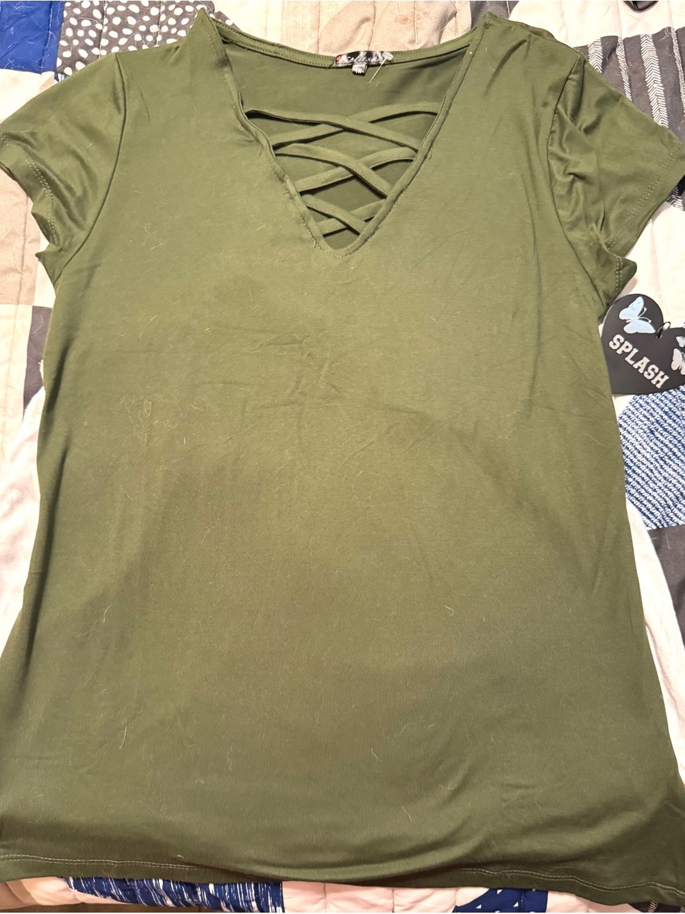 Splash Olive Green Short Sleeve Crisscross V-Neck Top